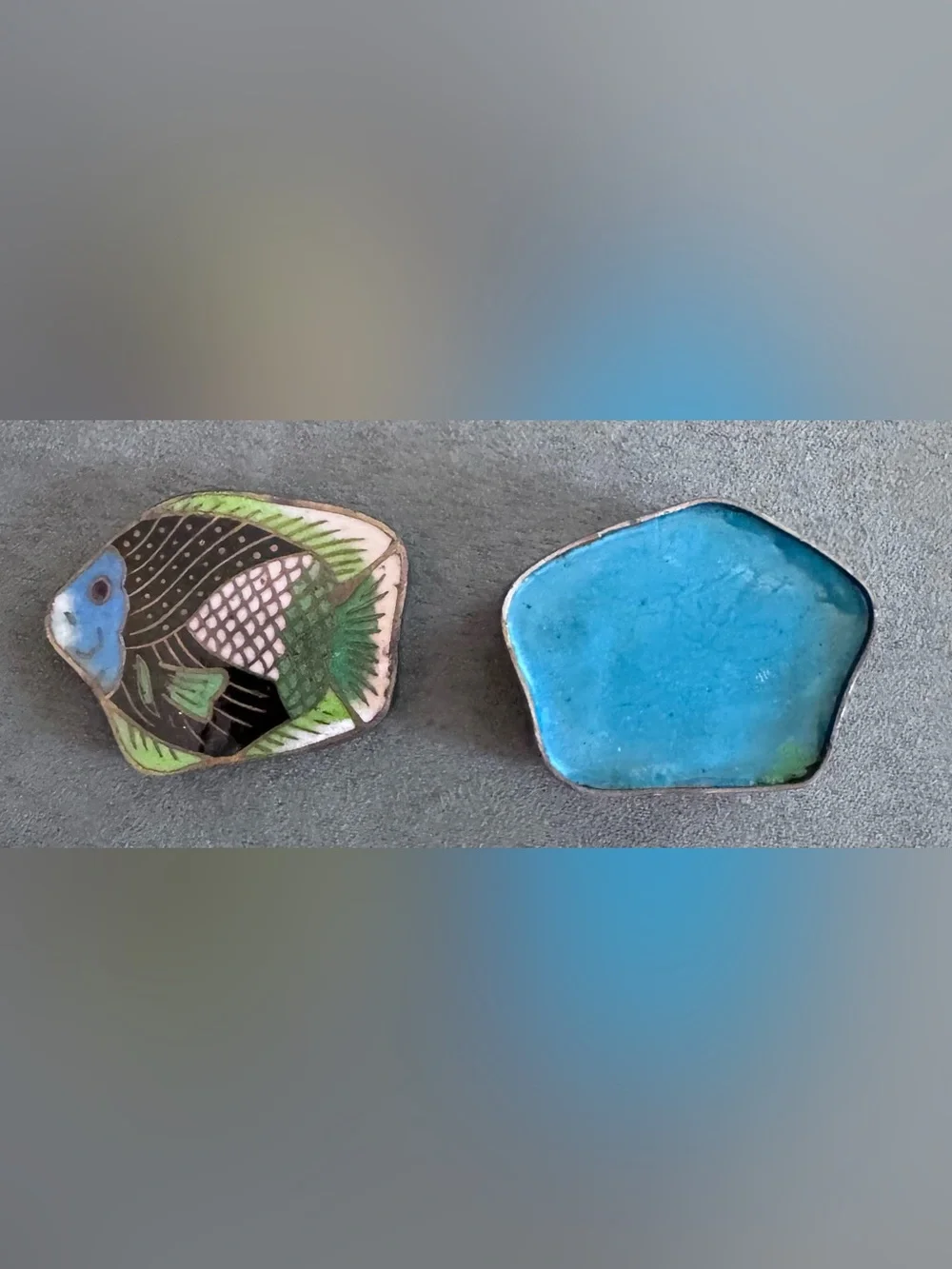 Enamel Trinket Box with Fish Motif in Blue, Black & Green